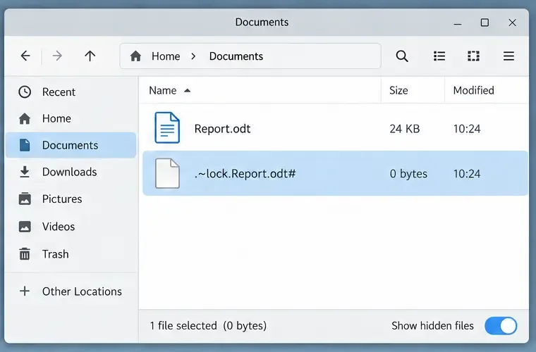 숨겨진 파일도 표시되는 Linux 파일 관리자에서 Report.odt 파일과 해당 .~lock.Report.odt# 파일이 표시됩니다.