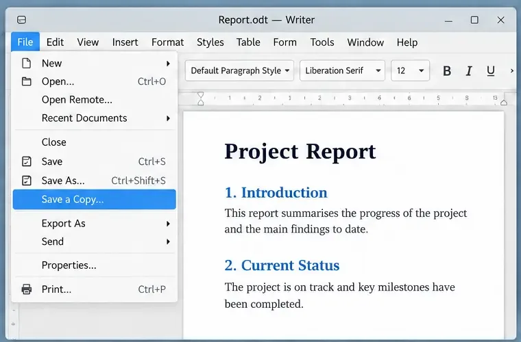 LibreOffice Writer의 파일 메뉴에서 열려 있는 보고서 위에 "사본 저장"이 강조 표시되어 있습니다.