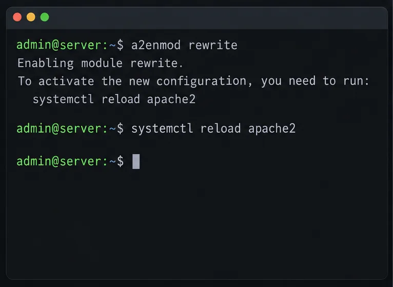 Terminal que muestra el módulo de reescritura habilitado y el servicio Apache recargado.
