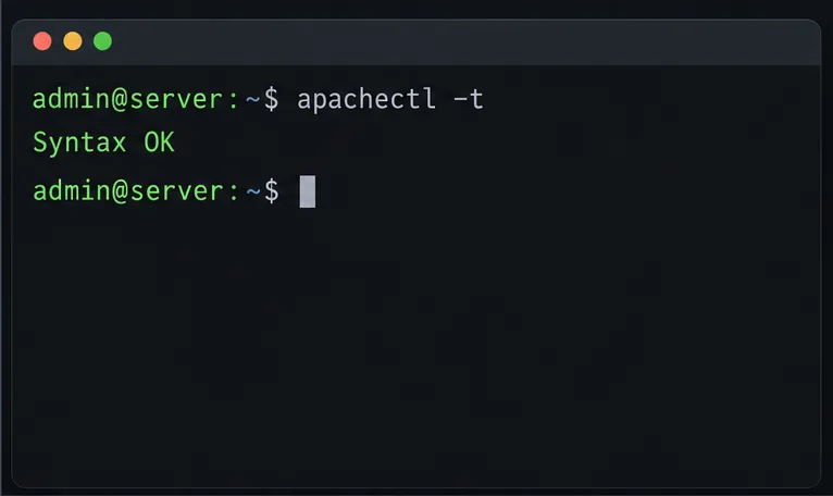 La prueba de configuración de Apache devuelve Syntax OK en una terminal.