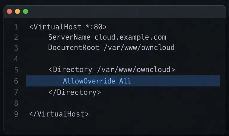 Ejemplo de host virtual Apache con AllowOverride All dentro del bloque de directorio ownCloud