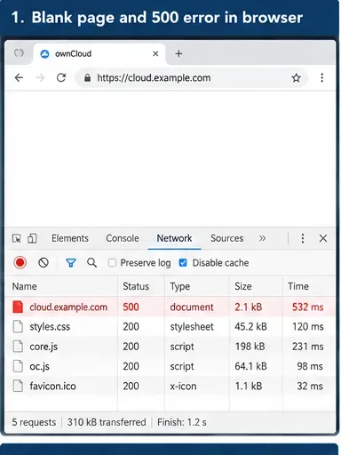 Las herramientas para desarrolladores del navegador muestran una solicitud de página de ownCloud que devuelve HTTP 500, mientras que los recursos estáticos son visibles en la lista de red.