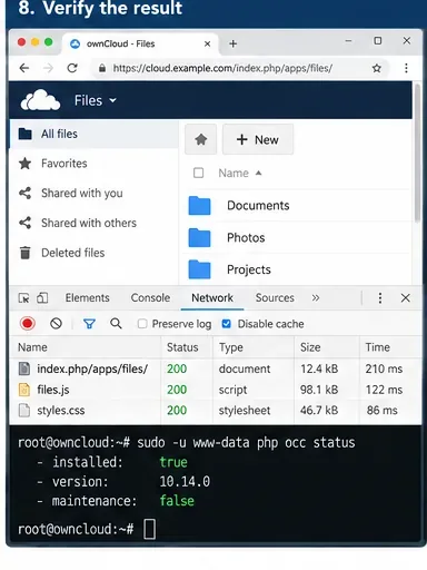 El navegador muestra la interfaz de ownCloud Files cargando mientras las solicitudes de red devuelven HTTP 200 y los informes de estado de OCC muestran el modo de mantenimiento desactivado.