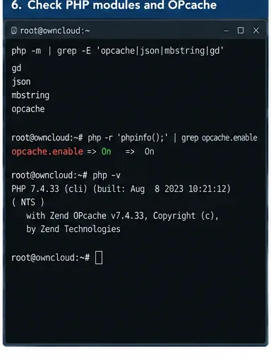Terminal que muestra los módulos PHP, el estado de OPcache y las comprobaciones de la versión de PHP durante la resolución de problemas de ownCloud.