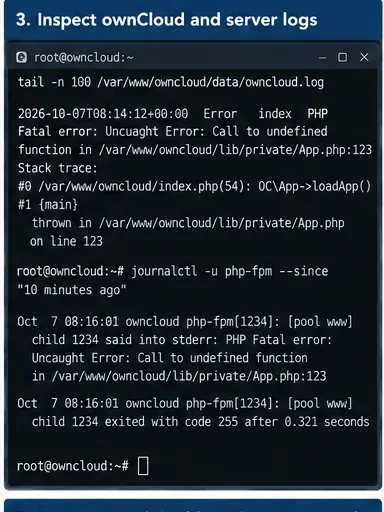Terminal que muestra entradas de registro de errores de ownCloud y PHP con una excepción de aplicación fatal y rastreo de pila.