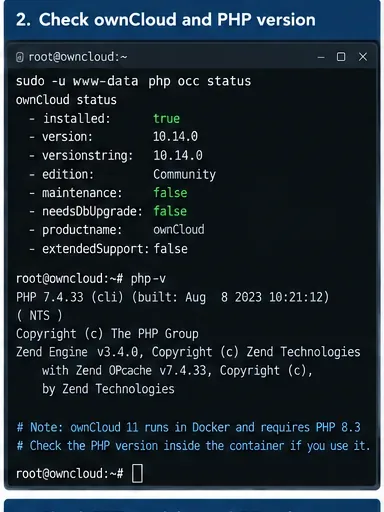 Terminal que muestra el estado de ownCloud y las comprobaciones de la versión de PHP, lo que ilustra cómo se revisa la compatibilidad de versiones durante la resolución de problemas de páginas en blanco.