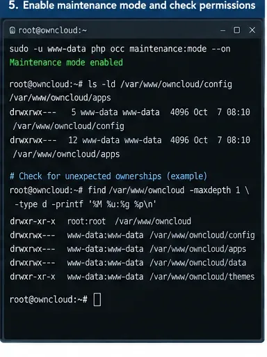 Terminal que muestra el modo de mantenimiento de ownCloud habilitado y comprobaciones de propiedad en los directorios de configuración y aplicaciones.