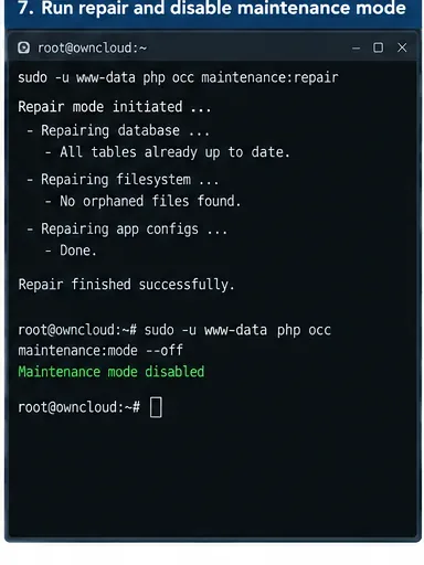 La terminal muestra una ejecución de reparación de mantenimiento de ownCloud seguida de la desactivación del modo de mantenimiento.