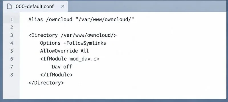 ownCloudディレクトリルールとAllowOverride Allを含むApache設定エディタの概略図