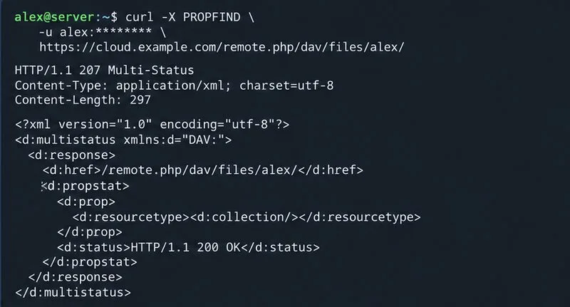 PROPFINDリクエストに対する端末応答の概略図。HTTP 207マルチステータスとDAV XML応答を示す。