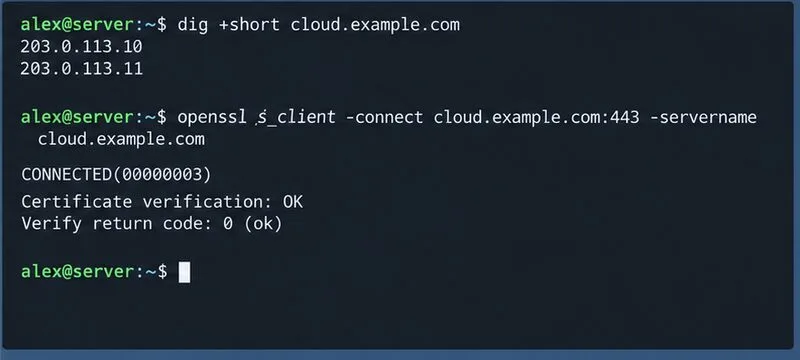 ホスト名のルックアップとTLS証明書の検証が成功したことを示す概略的なターミナル出力