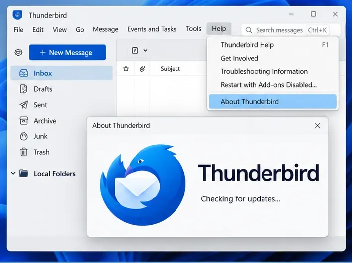 Im Hilfemenü von Thunderbird ist „Über Thunderbird“ ausgewählt, und im Fenster „Über“ wird nach Updates gesucht.