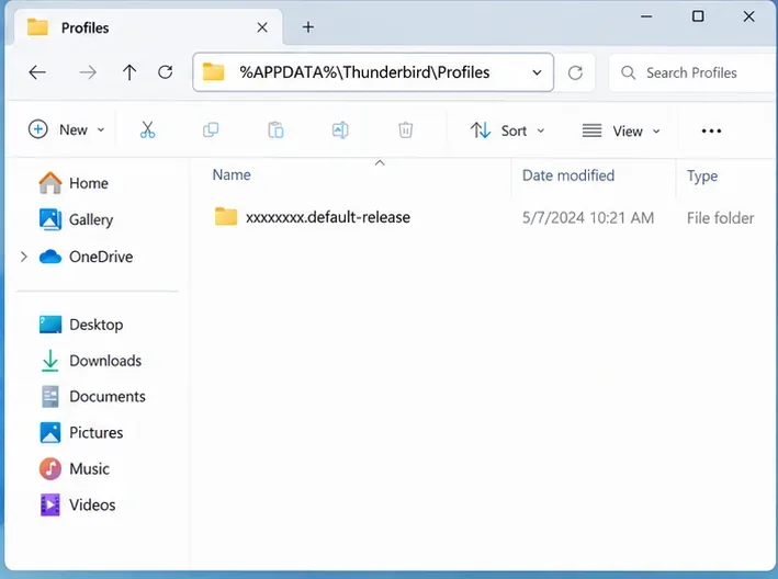 Der Windows-Datei-Explorer ist im Ordner „Thunderbird Profiles“ unter dem AppData-Verzeichnis des Benutzers geöffnet; darin ist ein Ordner mit Standardprofilen sichtbar.