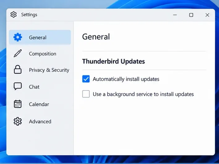 Die Thunderbird-Einstellungen sind auf „Allgemein“ geöffnet und zeigen den Abschnitt „Thunderbird-Updates“ sowie die Kontrollkästchen für automatische Updates und Hintergrunddienste.