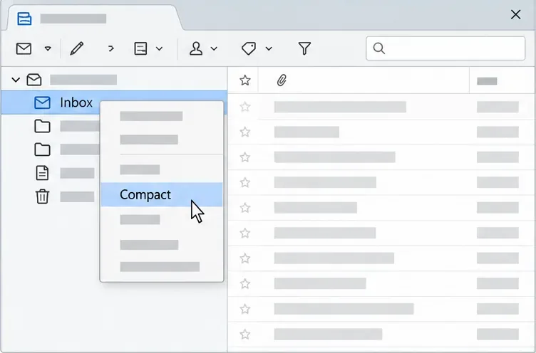 Der Posteingang von Thunderbird ist ausgewählt und in seinem Kontextmenü wird der Befehl „Komprimieren“ angezeigt.
