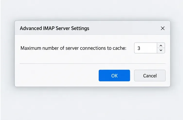 Cuadro de diálogo de configuración avanzada del servidor IMAP de Thunderbird con el número máximo de conexiones de servidor a almacenar en caché establecido en 3.