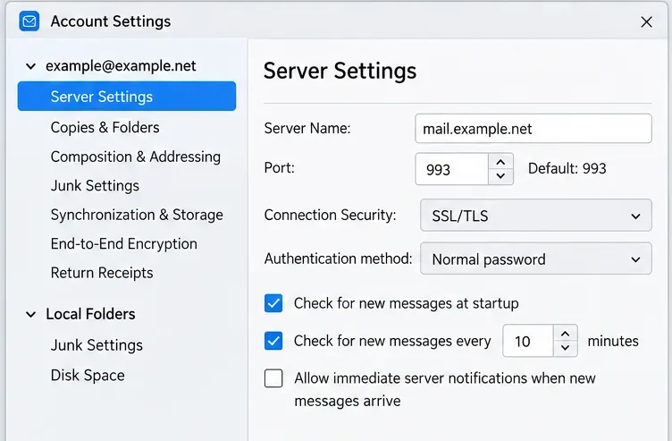 Configuración de la cuenta de Thunderbird con la configuración del servidor seleccionada y un ejemplo de host IMAP, puerto 993, SSL/TLS y campos de autenticación.