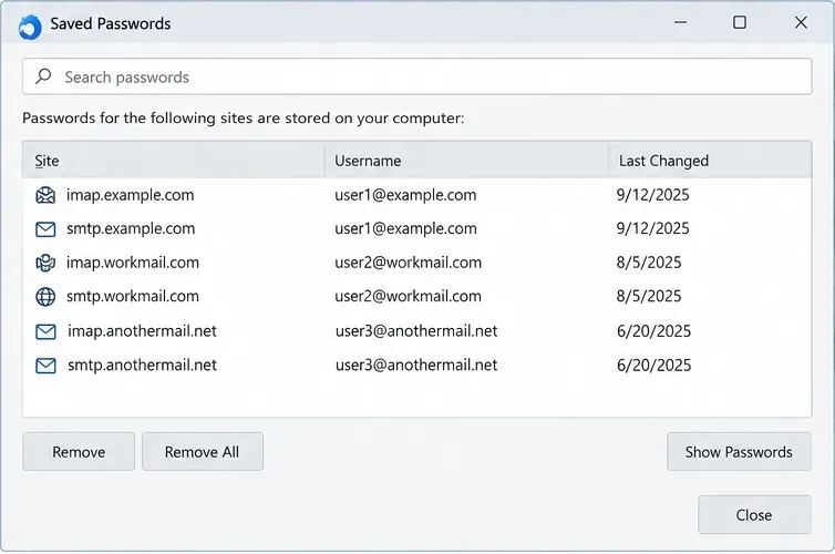 Thunderbirdの保存済みパスワードウィンドウの例。IMAPおよびSMTPのログインエントリが表示され、「削除」、「すべて削除」、「パスワードを表示」のコントロールが利用できます。