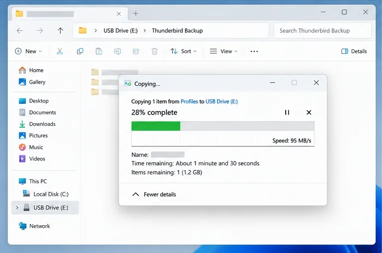 파일 탐색기를 사용하여 Thunderbird 프로필 폴더를 별도의 USB 백업 드라이브로 복사하는 중