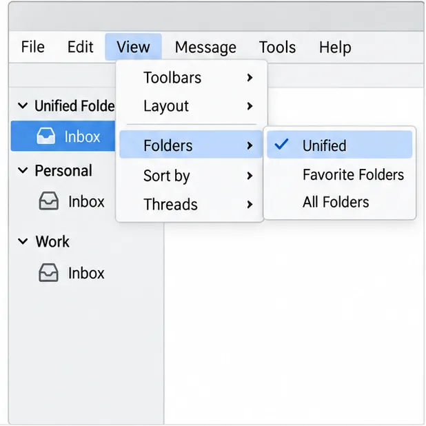Ordneransicht im Thunderbird-Stil mit den Optionen „Ansicht“, „Ordner“ und „Vereinheitlicht“ ausgewählt; der Posteingang „Vereinheitlichte Ordner“ ist hervorgehoben.