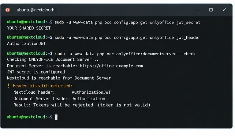 Nextcloud ONLYOFFICE occ 設定のターミナルに、AuthorizationJWT が Document Server Authorization ヘッダーと一致しないことを示す表示