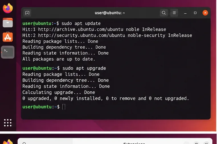 Ubuntuターミナルにapt updateとapt upgradeが表示され、パッケージは既に最新です。