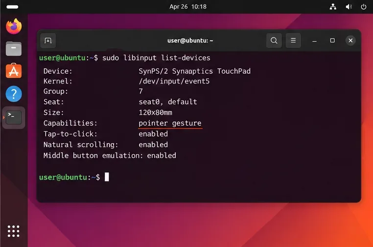 UbuntuターミナルにSynapticsタッチパッドのlibinput list-devicesの出力を表示している。