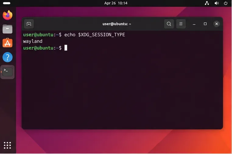 Ubuntuターミナルでecho $XDG_SESSION_TYPEをwaylandという結果で表示する