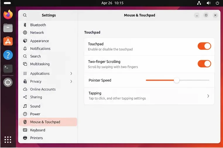 Ubuntuのマウスとタッチパッドの設定(タッチパッドと2本指スクロールが有効になっている場合)