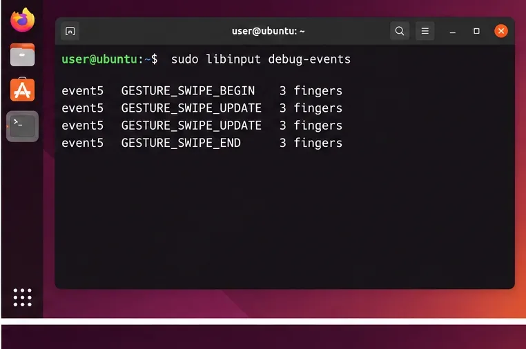 Ubuntuターミナルで、3本指スワイプによる更新開始および終了イベントでlibinputのデバッグイベントを表示する