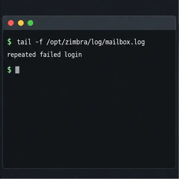 Ejemplo de terminal que monitoriza el registro del buzón de Zimbra para detectar intentos de inicio de sesión fallidos repetidos.