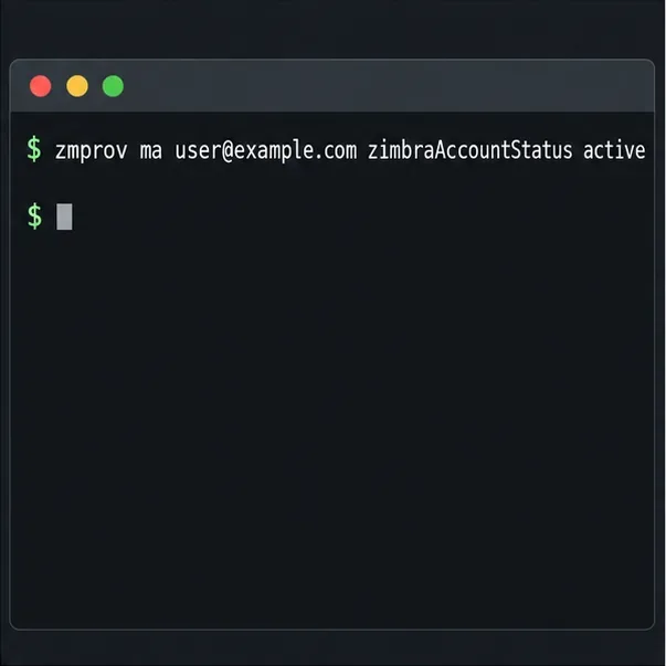 Ejemplo en la terminal del comando zmprov que establece el estado de una cuenta de Zimbra como activo.