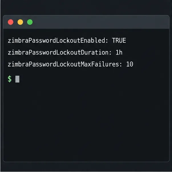 Ejemplo de terminal que muestra la configuración de bloqueo de contraseña de Zimbra para el estado habilitado, la duración y el número máximo de fallos.