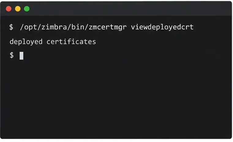 배포된 인증서를 확인하기 위한 Zimbra 명령어인 zmcertmgr viewdeployedcrt를 보여주는 터미널 화면입니다.