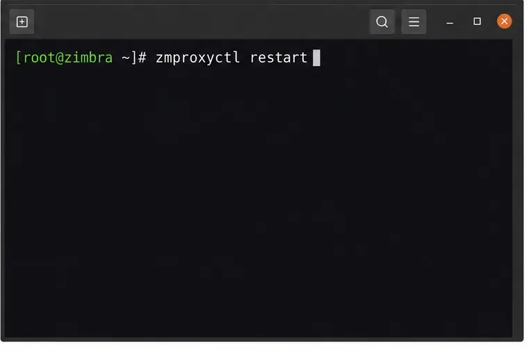 터미널에 Zimbra 프록시 재시작 명령(zmproxyctl restart)이 표시됩니다.
