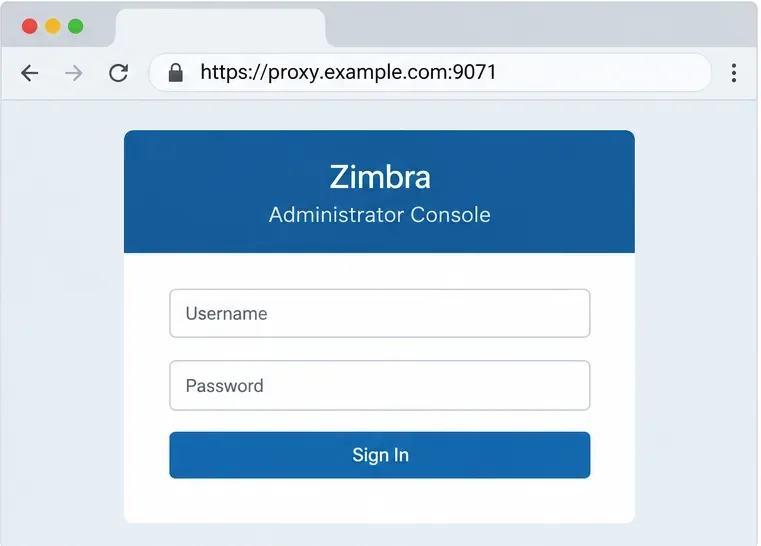 브라우저 주소 표시줄에 가상의 Zimbra Proxy 관리 콘솔 호스트가 9071번 포트에서 실행 중임을 보여줍니다.