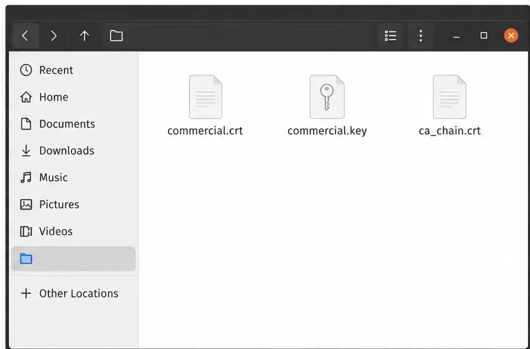 파일 관리자에서 Zimbra 인증서 파일(commercial.crt, commercial.key, ca_chain.crt)의 예시를 보여줍니다.