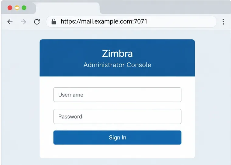 브라우저 주소 표시줄에 가상의 Zimbra 관리 콘솔 직접 주소인 mail.example.com이 포트 7071에서 표시되는 모습
