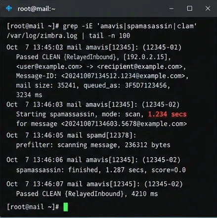 Terminal que muestra las entradas de registro de Zimbra para el escaneo de mensajes de Amavis y SpamAssassin con tiempos de procesamiento.
