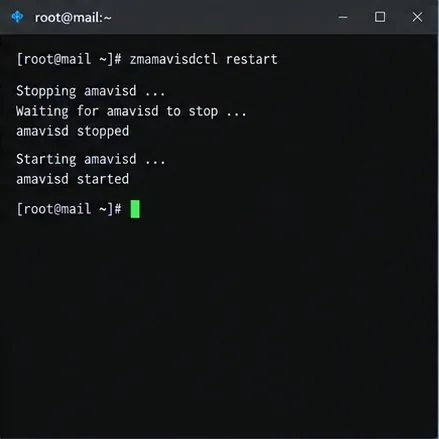 Terminal que muestra cómo el servicio Zimbra Amavis se detiene y se inicia correctamente.