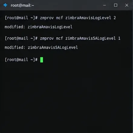 Terminal que muestra comandos de Zimbra que aumentan temporalmente el registro de Amavis y SpamAssassin.