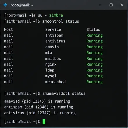 Terminal que muestra los servicios Zimbra antispam antivirus amavis y MTA en funcionamiento.