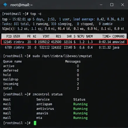 Terminal que muestra un menor uso de CPU de amavisd, una cola de correo casi vacía y servicios Zimbra en buen estado.