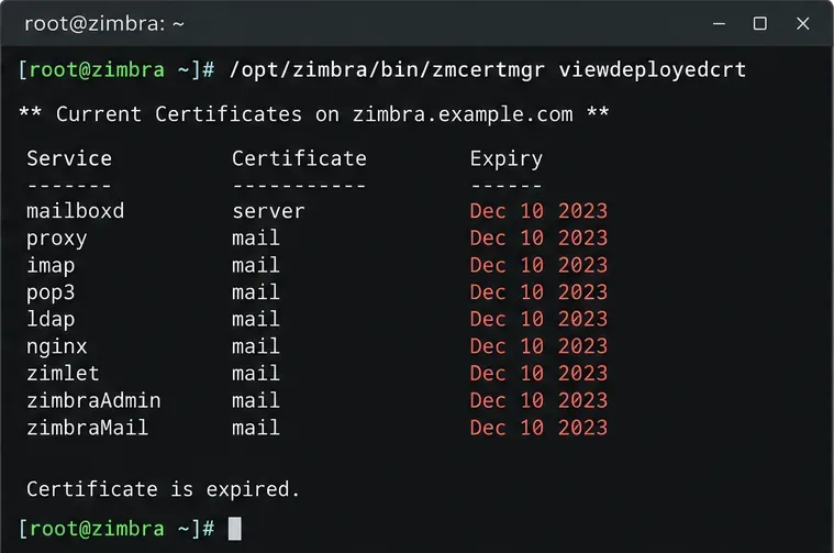 Zimbraのzmcertmgr viewdeployedcrtコマンドと有効期限切れの証明書の日付を示すターミナルの例