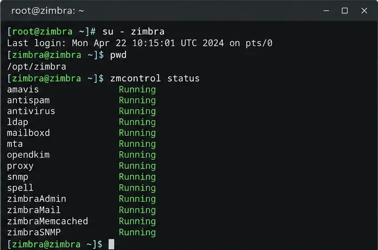 Zimbraサービスが実行されている状態で、Zimbraアカウントとzmcontrolステータスを示すターミナルの例