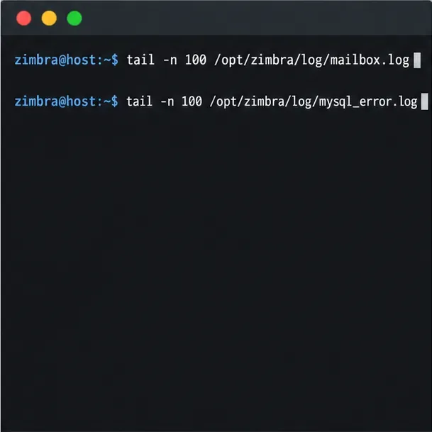 Терминал с командами для просмотра файлов mailbox.log и mysql_error.log