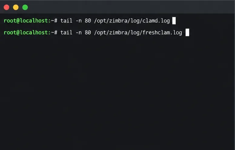 最近のclamdおよびfreshclamのログエントリを確認するためのコマンドを表示するLinuxターミナル