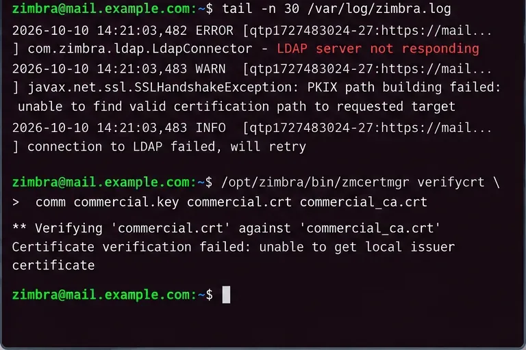 El terminal muestra errores de conexión LDAP en zimbra.log y un fallo en la verificación de la cadena de certificados.