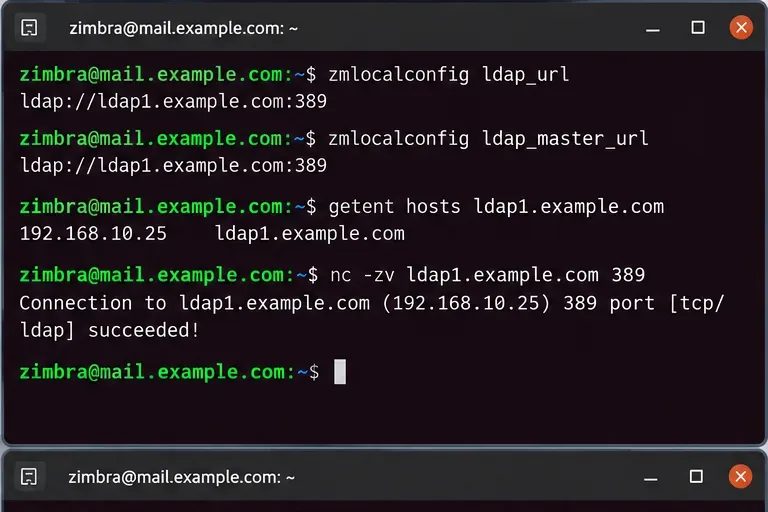 Terminal comprobando ldap_url, ldap_master_url, resolución DNS y conectividad TCP al puerto LDAP 389.