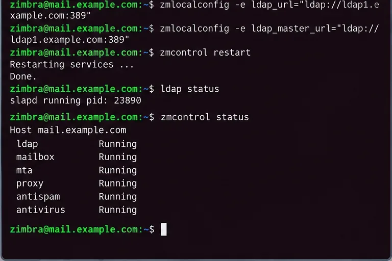 La terminal actualiza las URL de LDAP, reinicia Zimbra y confirma que LDAP y otros servicios de Zimbra están en funcionamiento.